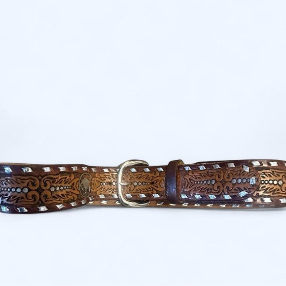 Accessories - Vintage RARE 1970s Handmade Brown Leather Silver Studded Western Belt 30”